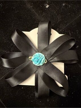 Black Satin Ribbon Flower Hair Clip with Teal Floral Center